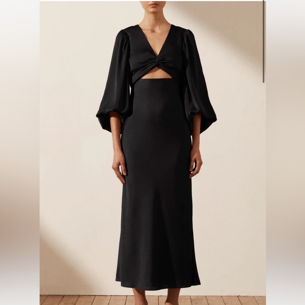 LUXE TWIST FRONT BALLOON SLEEVE MIDI DRESS - ONYX